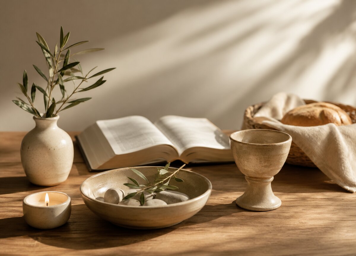 Open Bible, ceramic chalice, communion bread, candle and olive branch in morning light